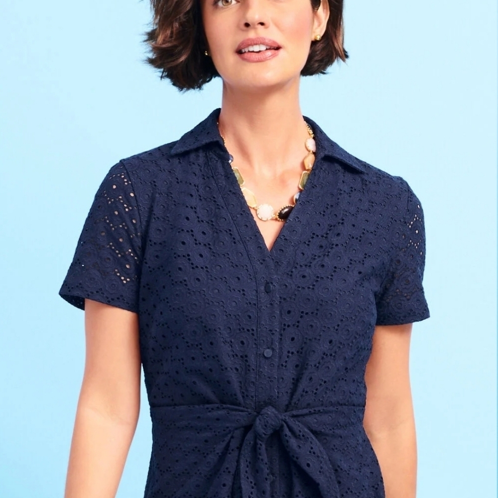 Talbots Blue Short Sleeve Eyelet Tie-Front Dress Size 6 NWT - Picture 2 of 12